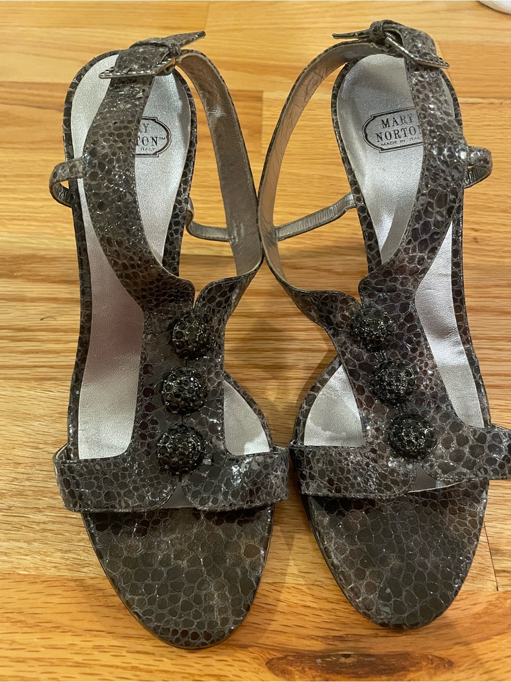 Women's Gray Textured T-Strap Heels with Beaded Accents